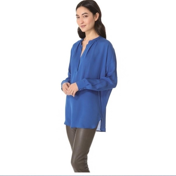 VINCE Half Placket Popover Blouse 100% Silk Royal Blue - Picture 4 of 10